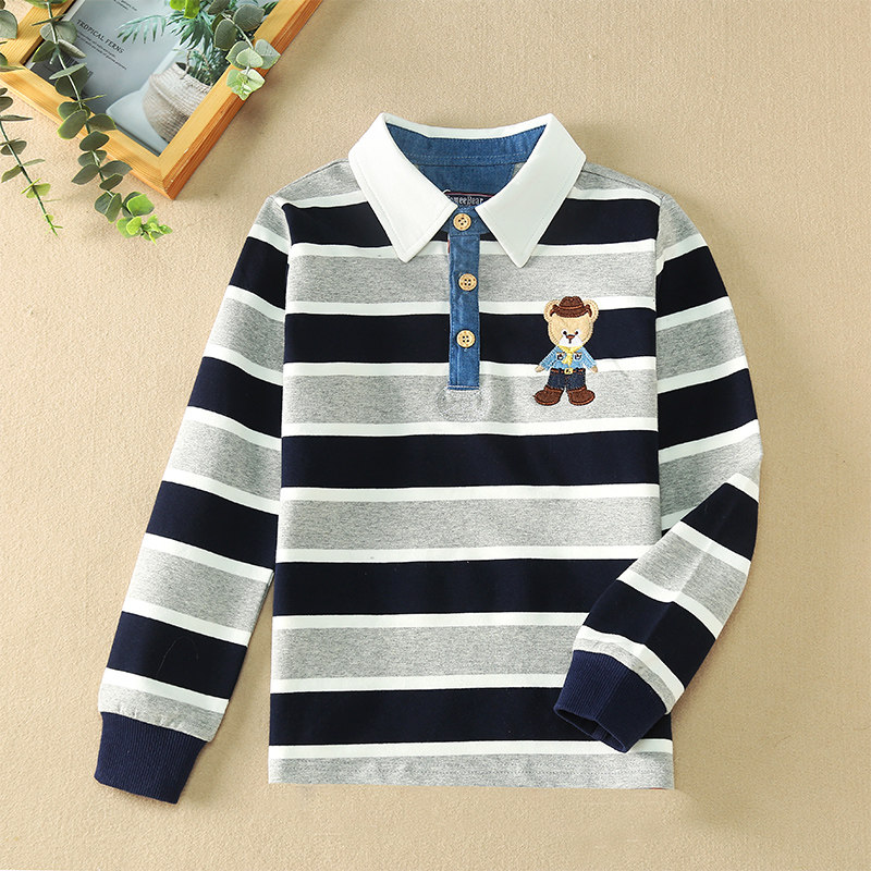 儿童长袖t恤宽松条纹polo衫男童秋装休闲男童秋衣单件上衣纯棉春6