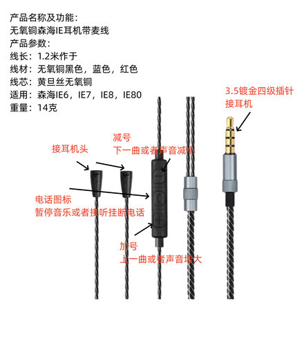 替换森海塞尔IE80 IE80S IE8 IE8i耳机线一分二配件音频线转3.5mm
