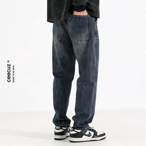 Ceecuz美式复古小直筒牛仔裤男春秋高个子水洗做旧宽松休闲长裤潮
