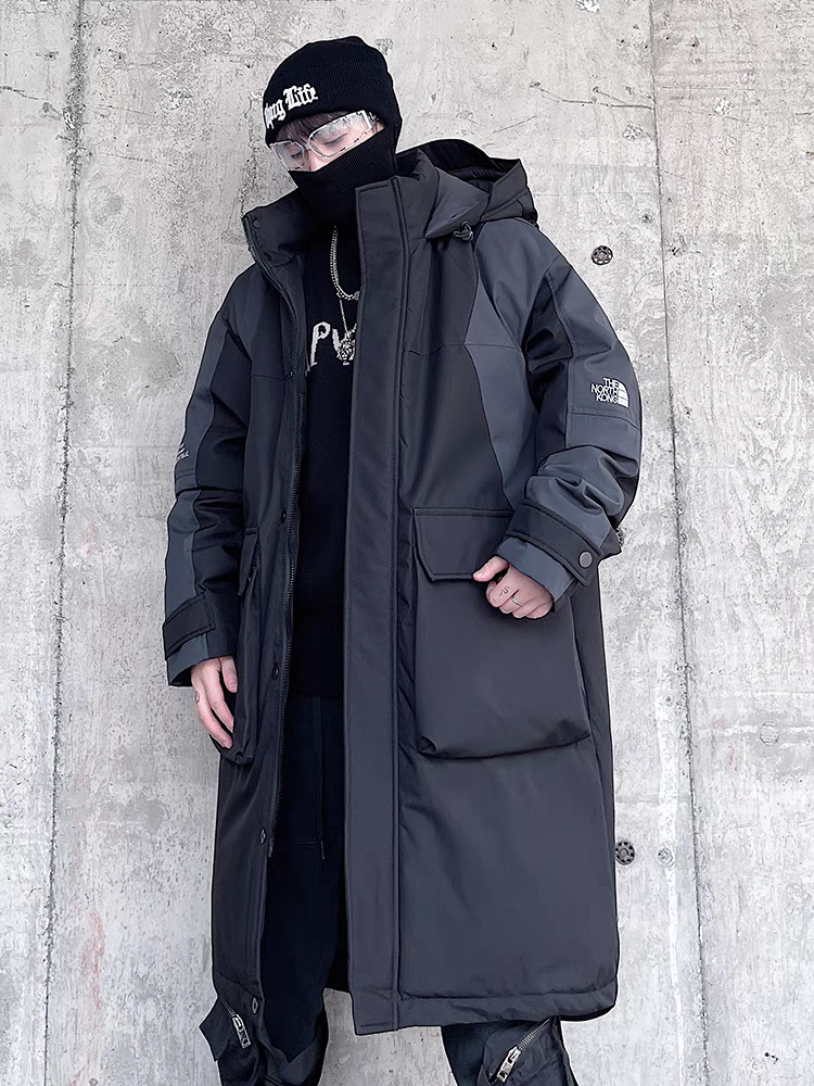2025冬季新款拼接户外大码羽绒服男中长款羽绒衣冬装防寒连帽外套