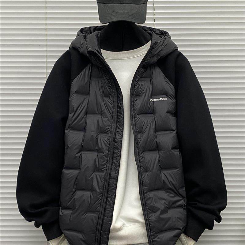 格子拼接连帽羽绒衣服男士冬季装大码刺绣90白鸭绒休闲羽绒外套潮