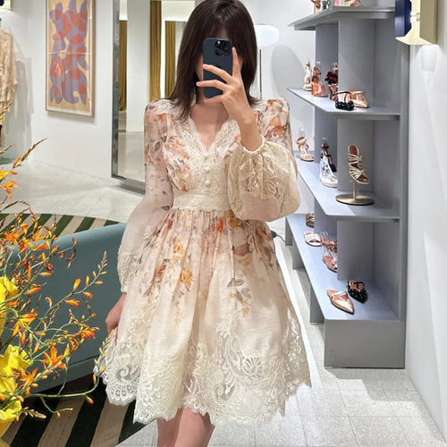 z家丝麻蕾丝印花灯笼袖连衣裙