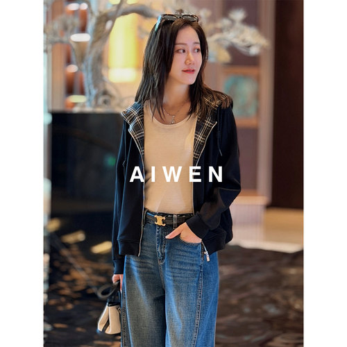 【AIWEN/艾芠】秋季新款格纹连帽拉链休闲宽松卫衣女HE-Q60521