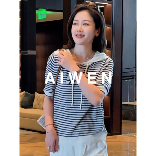 【AIWEN/艾芠】夏季亚麻莱赛尔条纹连帽针织短袖上衣LP-X60303