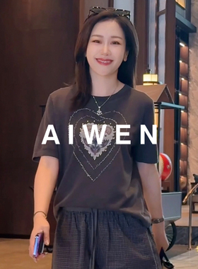 【AIWEN艾芠】夏季新款时尚爱心印花天丝亚麻短袖T恤女JZ-X60413