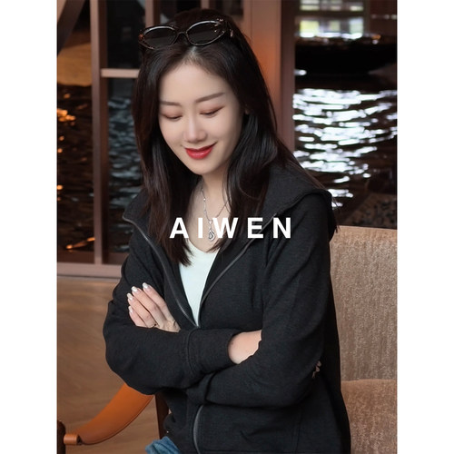 【AIWEN艾芠】女士德绒连帽拉链休闲外套女DWJ-Q60615