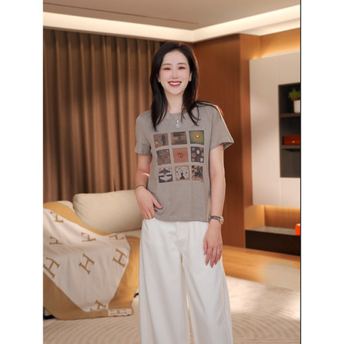 【AIWEN艾芠】夏季新款天丝棉麻混纺九宫格印花T恤女ZNY-X60418