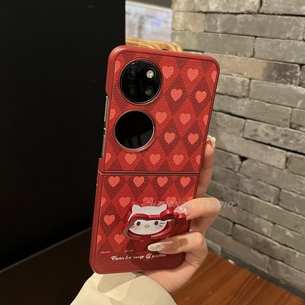 【带支架】红色菱格爱心皮纹kt猫适用华为pocket2手机壳puraX折叠屏新款zflip6/5硬壳n3女oppo N2flip米Xflip