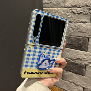 zflip7米Xflip2 高级感 皮纹黄底英文蓝格子兔子支架适用华为puraX手机壳pocket2可折叠nova创意N3flip女款