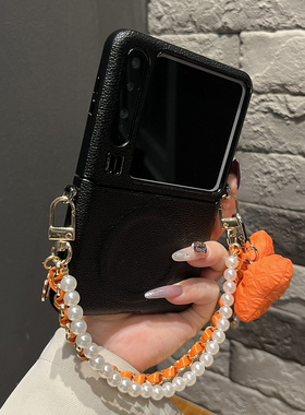 【带挂绳】磁吸侧扣皮纹黑色双链充棉蝴蝶结适用华为puraX手机壳pocket2翻盖mixflip防摔Vflip女款zflip7外壳