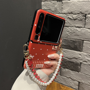 侧扣皮纹红底格纹波点棕马双链适用华为purax手机壳pocket2翻盖Zflip7防摔Vflip女N3flip小众Xflip 带挂绳