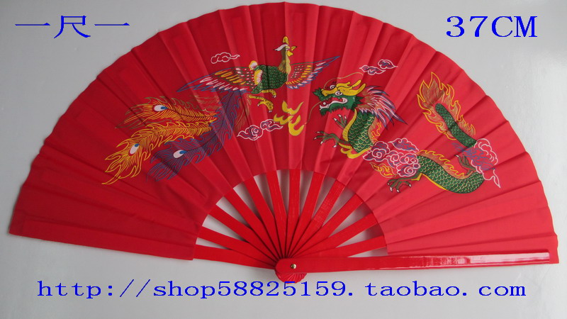 红色龙凤太极扇全竹子晨操表演扇