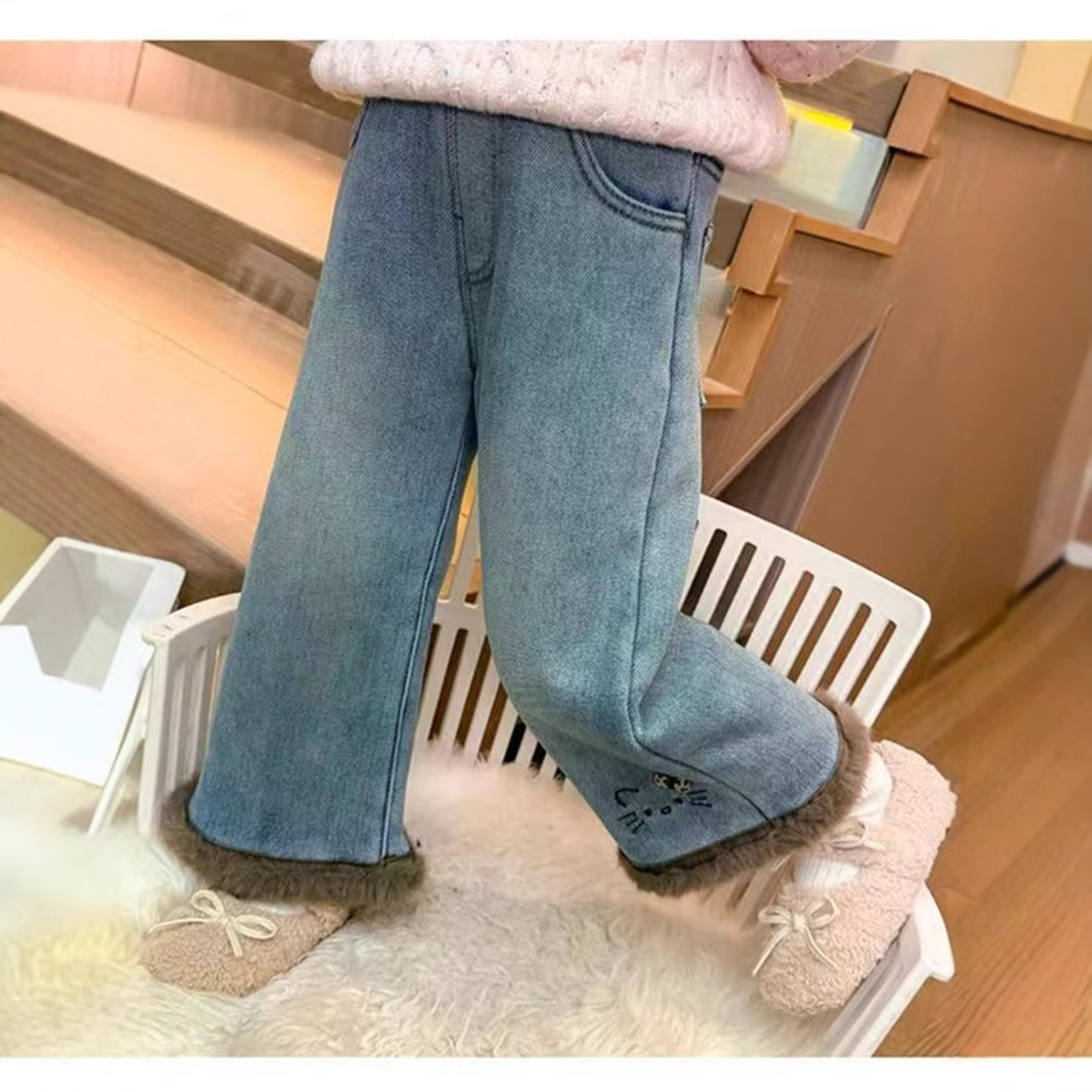 女童加绒牛仔裤秋冬款2025新款女宝宝冬季加厚棉裤儿童装冬装裤子