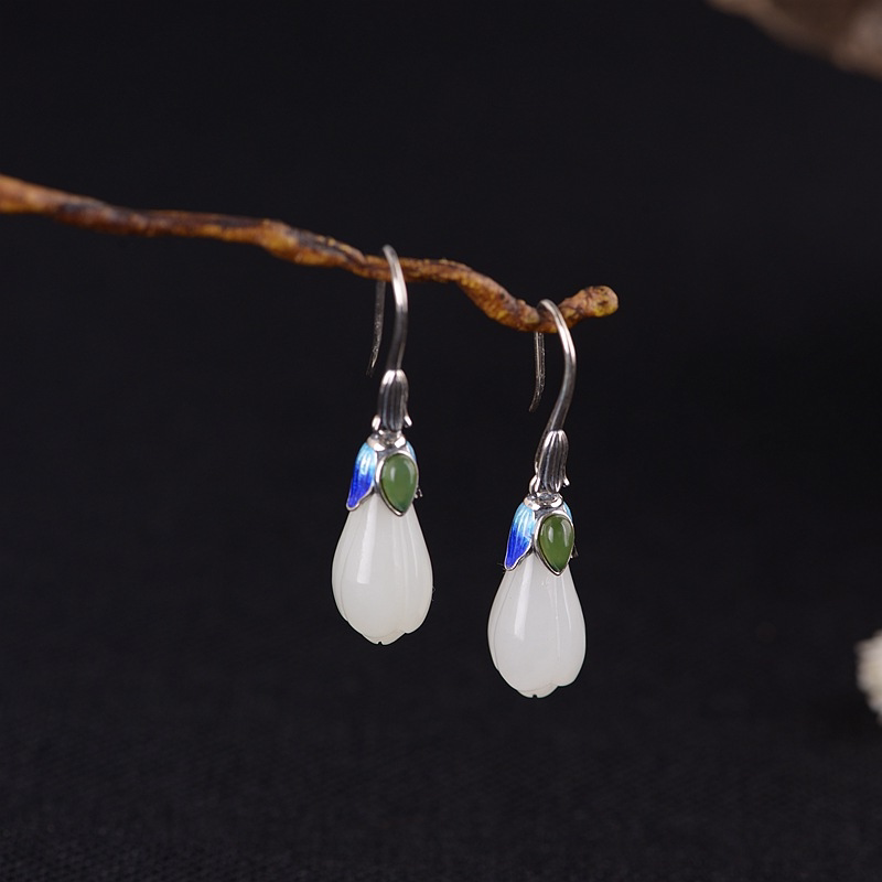 纯银和田玉玉兰花耳环S925银烧蓝复古女时尚气质景泰蓝高级感耳坠_虎窝淘