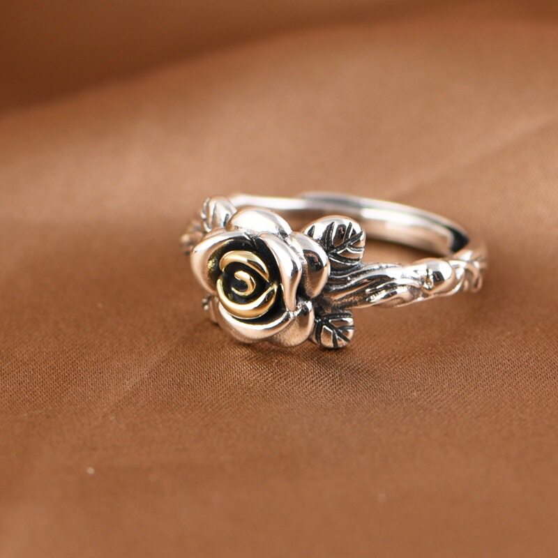 纯银玫瑰花戒指s925银复古手工文艺礼物开口指环花朵食指银饰女