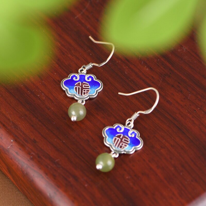 纯银福字如意耳环s925银景泰蓝耳坠复古宫廷和田玉中式银饰耳饰女
