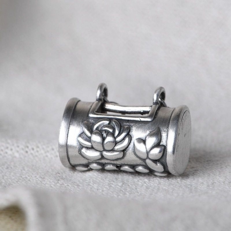 纯银锁吊坠足银990复古莲花银锁坠子时尚双吊环项圈银饰女单坠