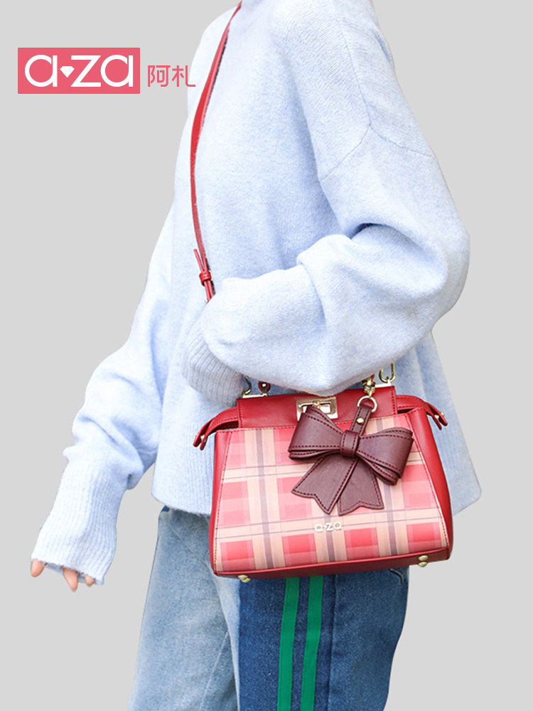 aza single shoulder portable small square bag retro contrast color Messenger bag classic plaid bag bow pendant bag female