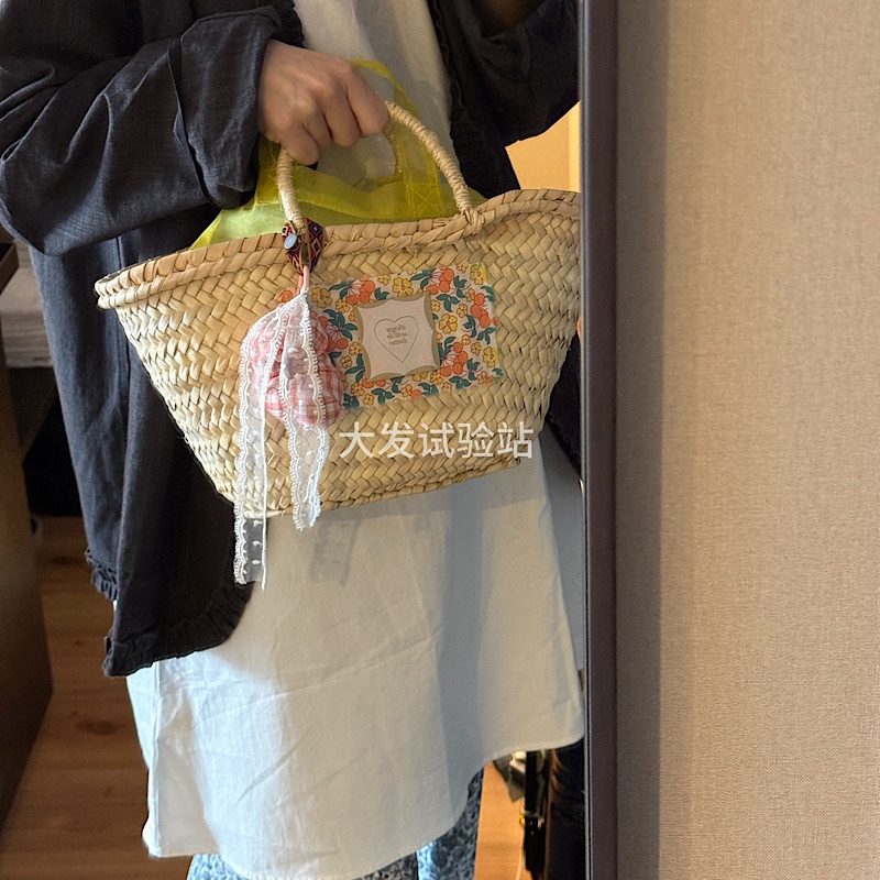 好市民大发 自制碎花布料草编包夏日清凉度假沙滩编织包包百搭ins