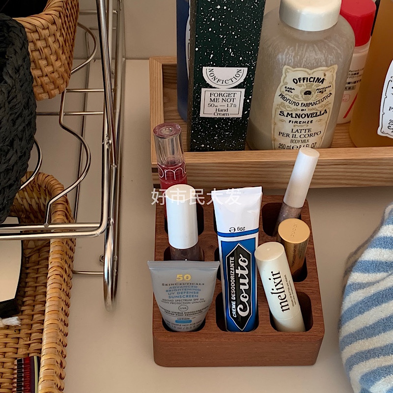 好市民大发 口红精油收纳盒桌面置物纯色实木大容量多格化妆品盒