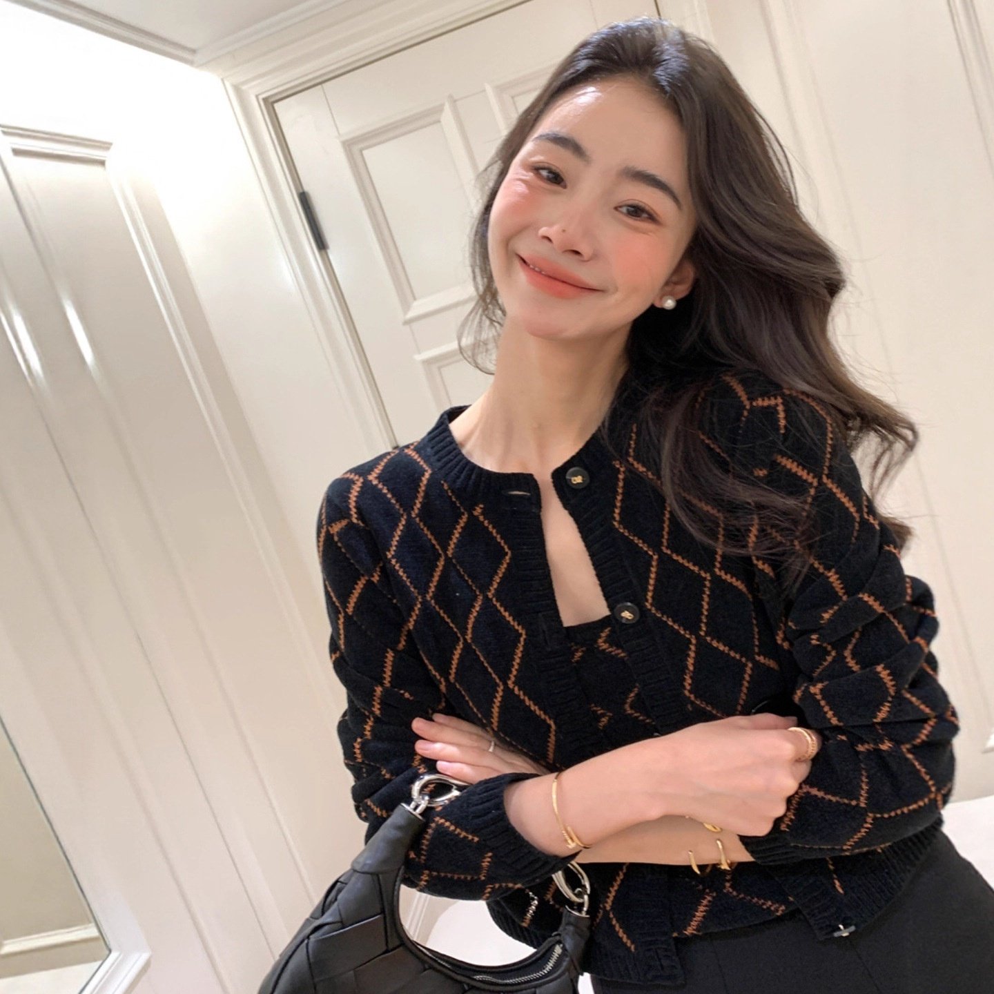 HEART 特种纱镂空提花羊毛针织衫女秋冬开衫背心两件套上衣