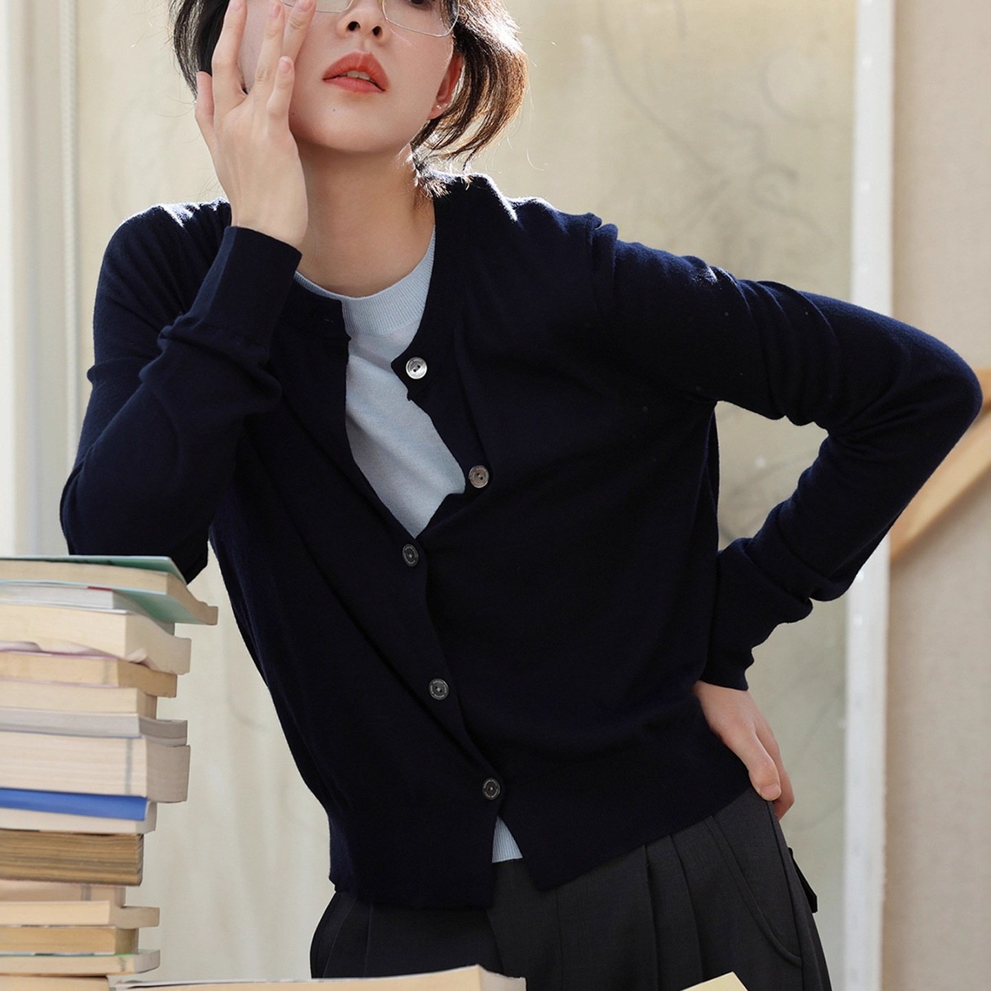 HEART 假两件拼色秋薄舒适可机洗抗起球文艺高智长袖针织衫