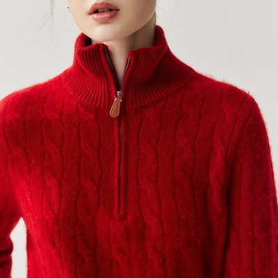 HEART 高领纯色山羊绒衫女半拉链绞花加厚上衣宽松针织打底毛衣