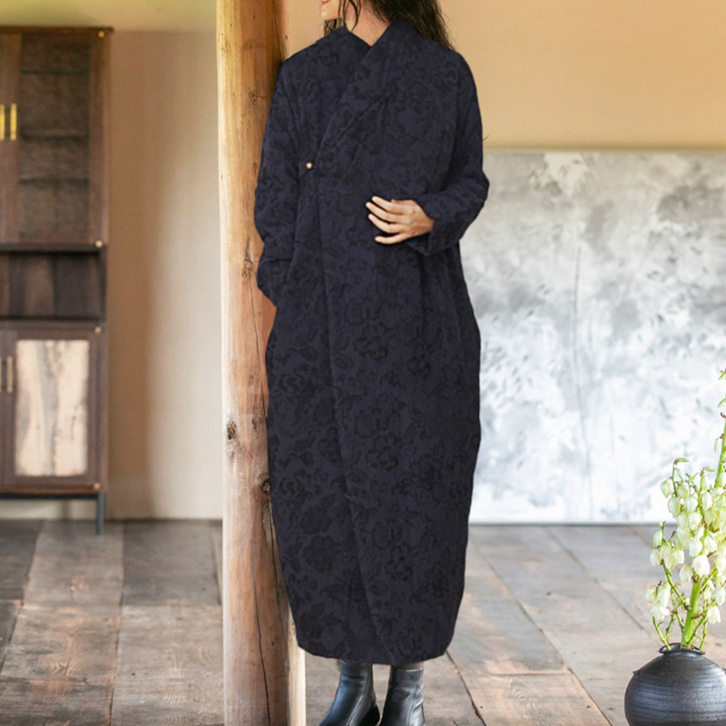 复古交领棉麻提花夹棉长款棉服