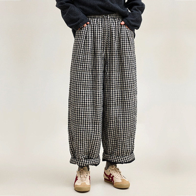 文艺复古黑白格子亚麻裤女宽松廓形夹棉外穿萝卜灯笼裤长款棉裤冬