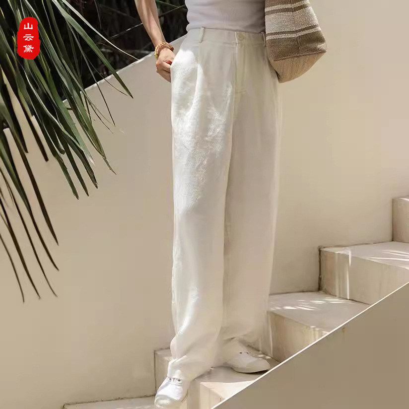 文艺纯亚麻休闲裤女裤子显瘦半松紧棉麻拖地长裤麻料文艺直筒裤