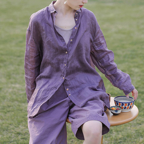 苎麻上衣五分裤文艺简约休闲套装