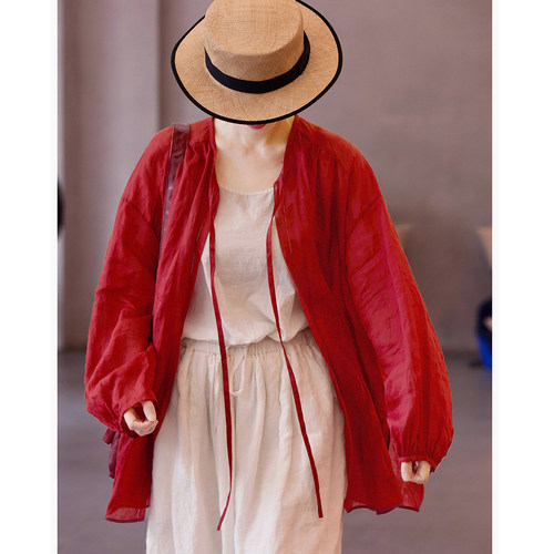 文艺苎麻防晒长袖宽松系带衬衫薄