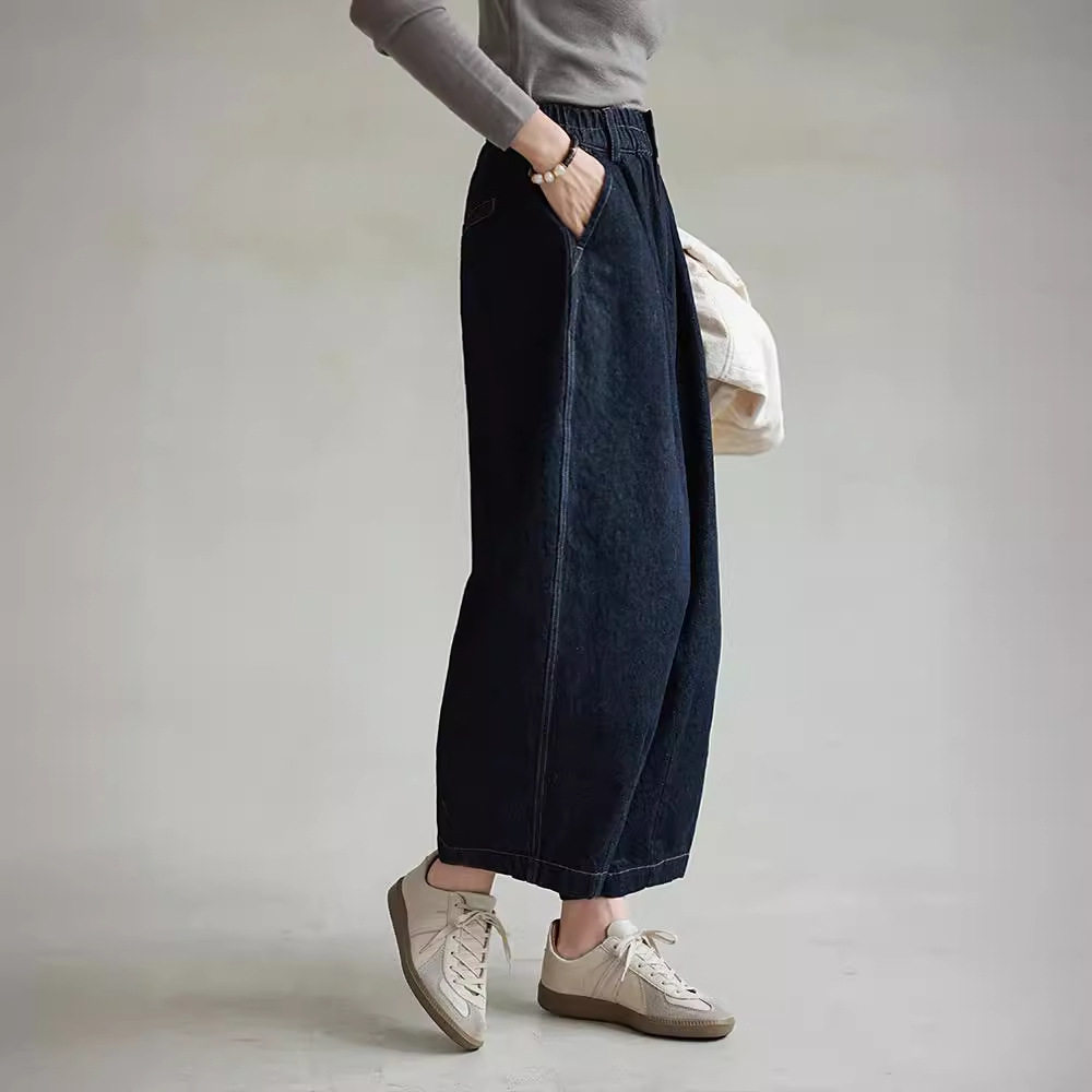 2026春款文艺复古纯棉松紧腰廓形气球裤休闲显瘦经典九分牛仔裤女