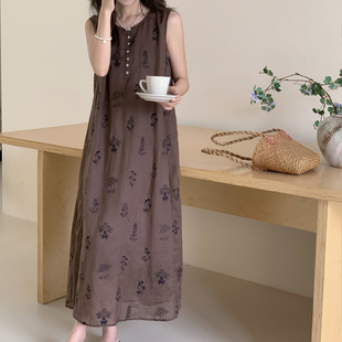 夏季新品72支苎麻重工机绣休闲长背心裙半开襟无袖圆领咖色连衣裙
