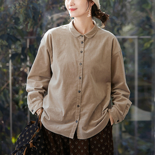 文艺奶茶色亲肤保暖平绒衬衫外套女宽松显瘦翻领休闲百搭秋冬上衣