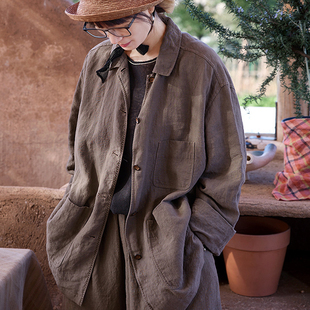 春季新款文艺复古轻中式茶棕色亚麻上衣宽松显瘦翻领衬衫式女外套