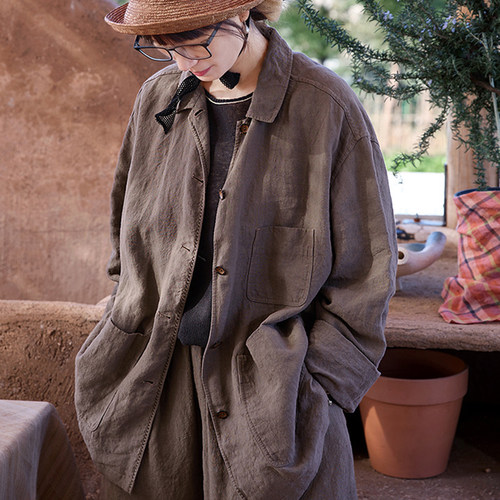 茶棕色亚麻衬衫式翻领外套上衣
