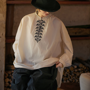 小立领复古宽松简约绣花女衬衫 凝脂白棉中式 文艺原创刺绣女装 春季