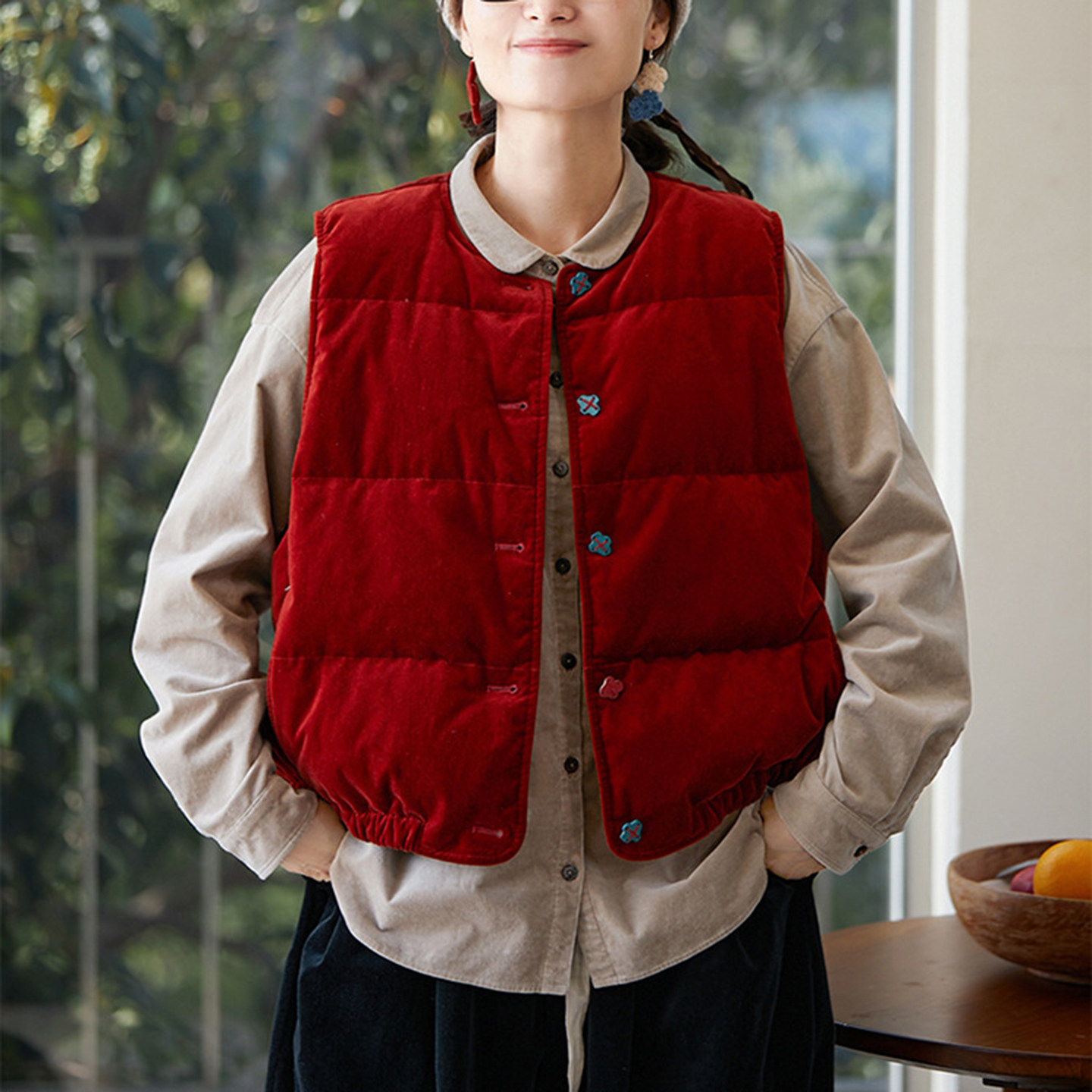 冬季新款丝绒红平绒棉宽松保暖文艺复古白鸭绒马夹新中式羽绒马甲