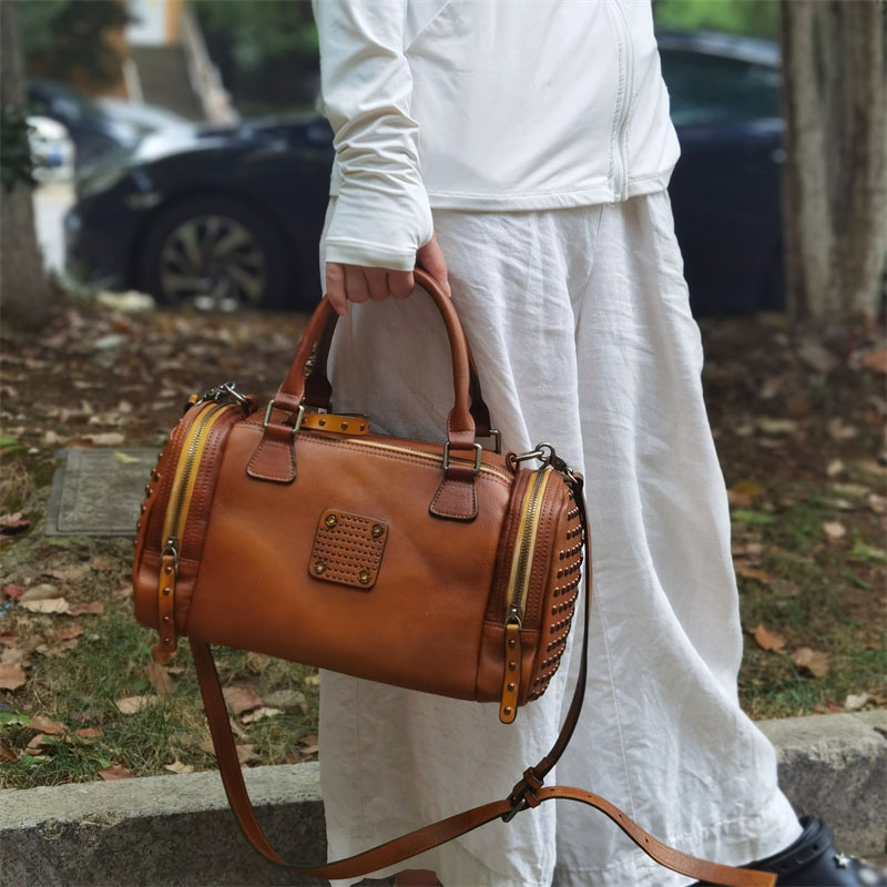 手工牛皮包波士顿包女擦色复古真皮女包手提单肩斜挎包休闲枕头包