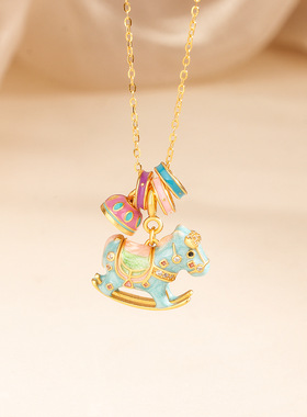 s925纯银马卡龙珐琅彩生肖项链摇摇欢乐木马吊坠小众独特饰品
