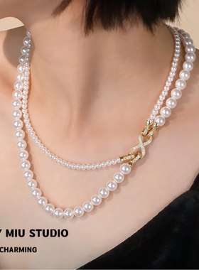 轻奢八字扣珍珠项链女双层叠戴