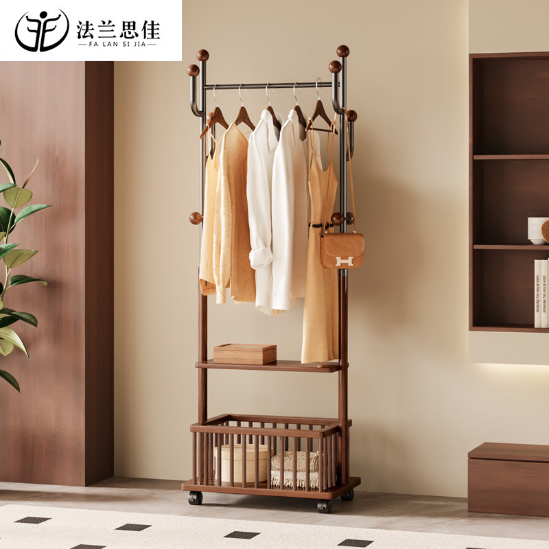 实木挂衣架新中式落地衣帽架家用卧室可移动脏衣篮置物架衣服架子