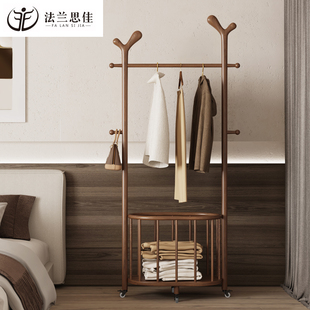 实木衣帽架脏衣篮一体可移动衣服架子落地挂衣架新中式收纳筐家用