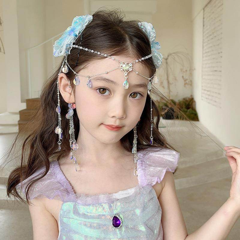 儿童美人鱼珍珠发夹公主流苏额头链礼服配饰生日派对演出头饰