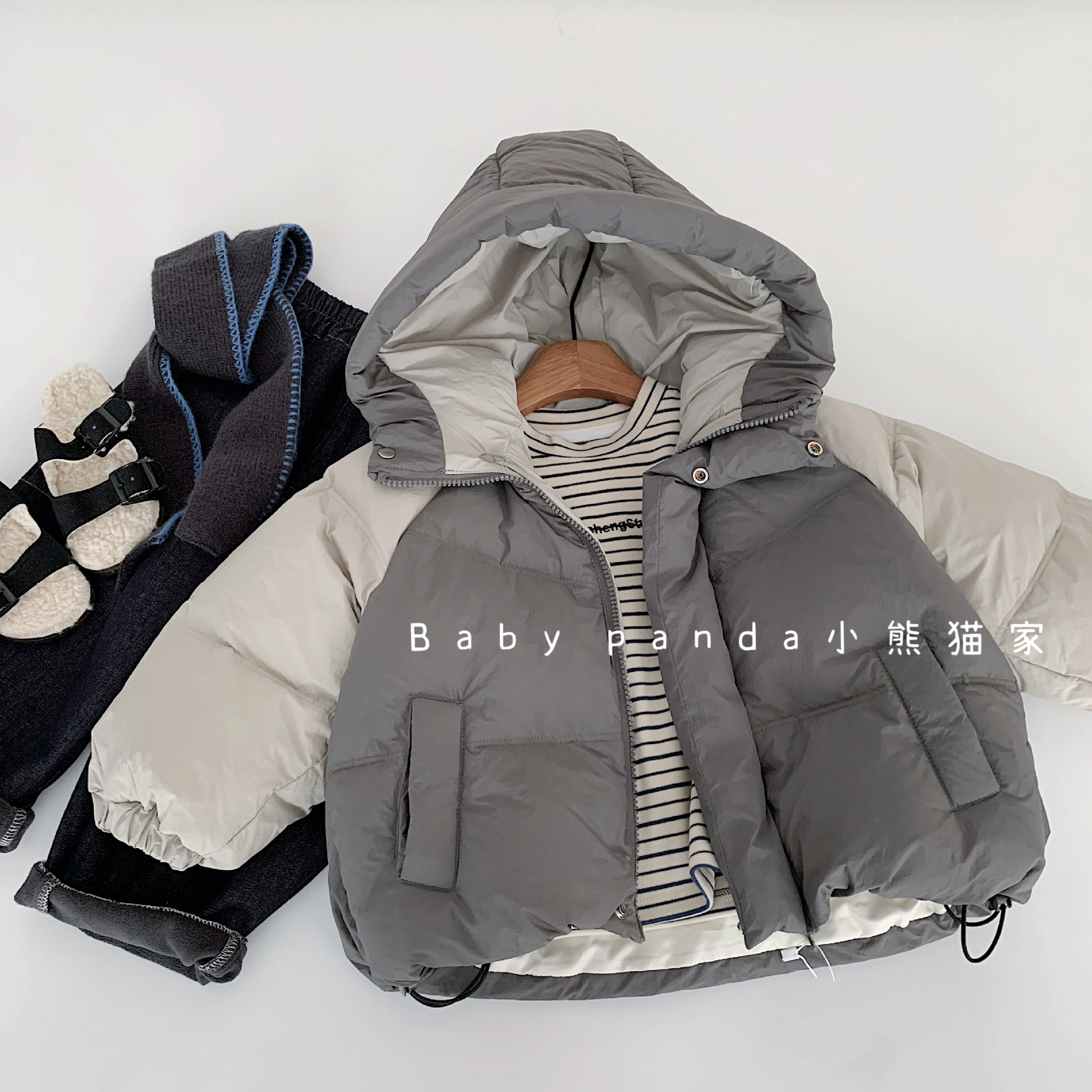 2025秋冬新款男童连帽灰色拼色90白鸭绒连帽羽绒服外套儿童韩版