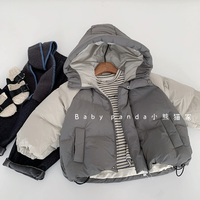 2025秋冬新款男童连帽灰色拼色90白鸭绒连帽羽绒服外套儿童韩版