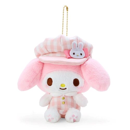 日本三丽鸥正品美乐蒂方格小兔帽子毛绒公仔钥匙扣挂件my melody