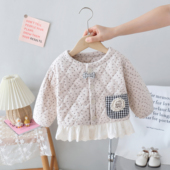 童装 女童加绒加厚碎花棉衣外套婴儿蕾丝棉袄女宝宝蝴蝶结棉服 冬装