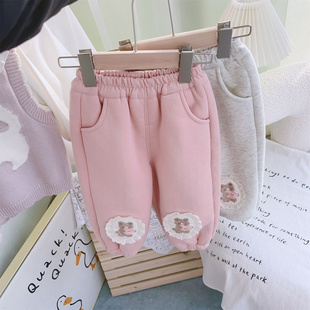 一件过冬女宝宝休闲裤 童装 子婴儿童棉裤 女童蕾丝贴布羊羔绒裤 冬装